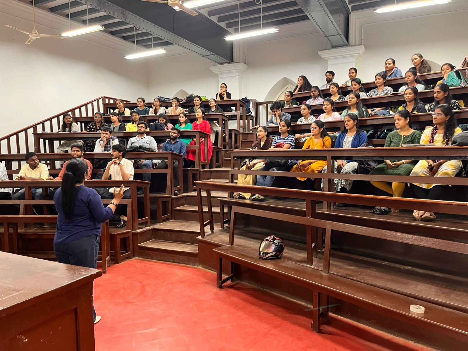 A full lecture hall of students attending a campus readiness session